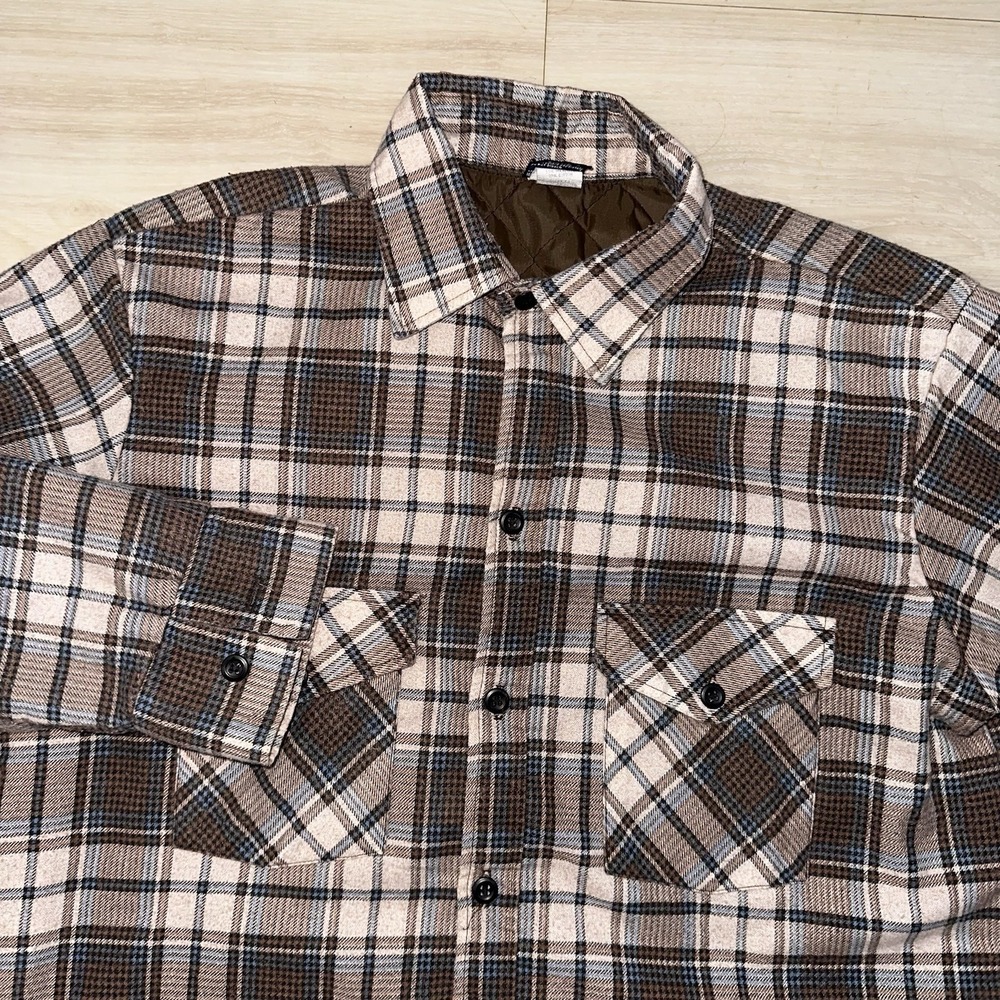 Vtg JC Penney Button up Shirt Mens L Brown Plaid Wool Flannel Lined Pocket 70s